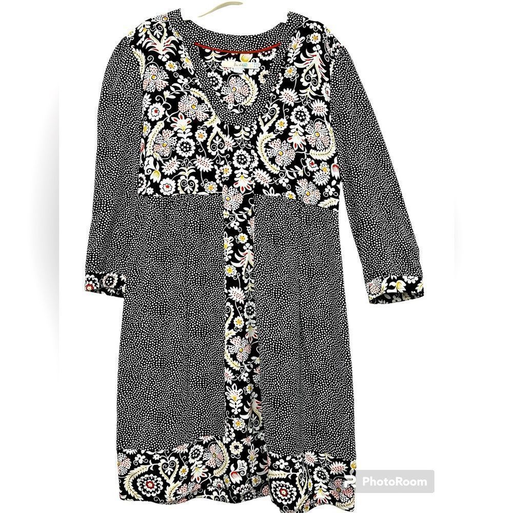 Boden Mollie patchwork polka dots V-neck black Arabesque midi dress size 6R - Picture 3 of 14